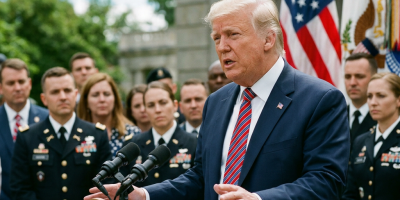 Former President Trump speaking at a podium with U.S. military personnel and flags in the background