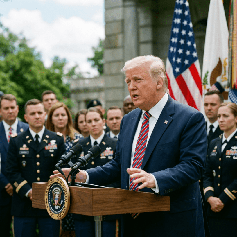 Former President Trump speaking at a podium with U.S. military personnel and flags in the background
